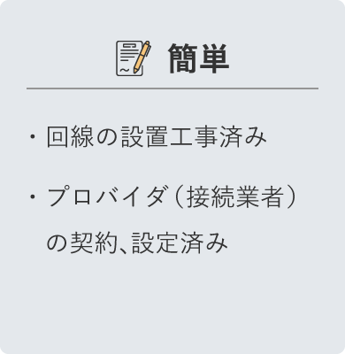 簡単　回線の設置工事済み　プロバイダ（接続業者）の契約、設定済み